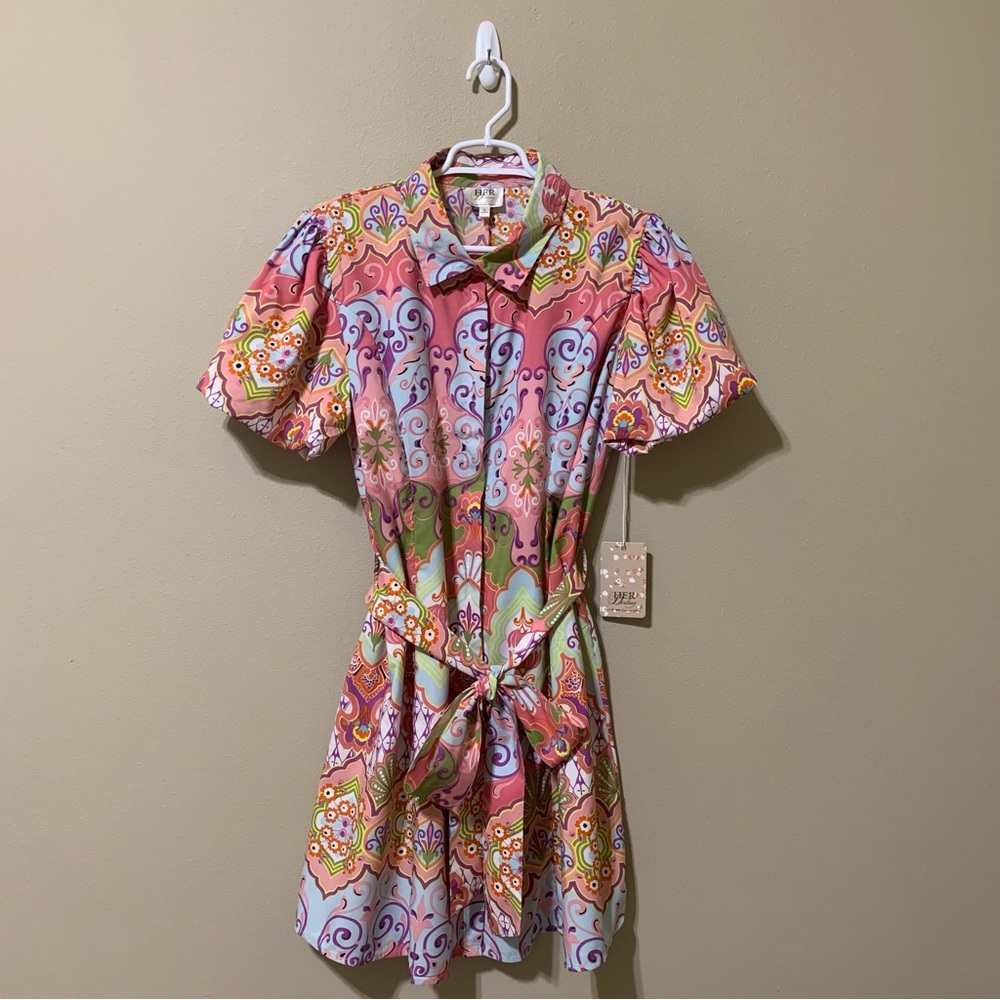 Her Destiny Damask Print Belted Dress-Size L NWT